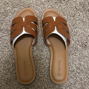 Brown and White Slide Sandals